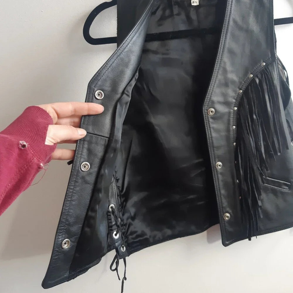 Vintage Genuine Leather Fringe Vest Biker Western Black Lace Up Made in Canada S - Picture 8 of 11